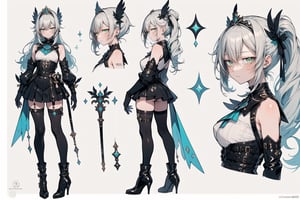 a character sheet anime style final art extremamente detailed in 4k with front view, back view and full body profile, Art with Genshin Impact Style, anime draw. This character is a fair-skinned girl with silver long hair whose ends gradually change to a bluish green. She wears a black tiara like a swan and leaves her hair tied in a pigtail style with some bangs in the front. Her hair is slightly curly and voluminous. Her eyes full of mascara shine intensely green and her face is that of a serious and a little intimidating girl but that doesn't make you uncomfortable since her beauty is blinding. She wears a black outfit in the urban medievalpunk style, her outfit reflects iridescent colors as it uses a lot of leather and shine. She has a mini skirt and long leather boots with high heels. Anyone who sees it from afar says it looks like a fruity black swan.,reference sheet. medium boobs