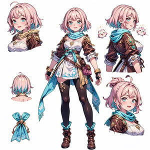 anime, design, front and rear design, custom character, character design, full body, modelsheet, (CharacterSheet:1), design(masterpiece, top quality, best quality, official art, beautiful and aesthetic:1.2 ), (1girl), extreme detailed, (fractal art:1.3), highest detailed, 1 girl, female armor,  cleavage, heart in eye, huge breasts,  

(masterpiece, top quality, best quality, official art, beautiful and aesthetic:1.2),(1girl:1.4) multicolored_eyes, pink hair,, ((masterpiece)), absurdres, happy, smile, ;D, yumemi riamu, blue hair, hot pink hair, cosplay of adventure girl costume, hot pink and blue hair, short hair, blue eyes, (wear light blue, brown, and ocrer:1.5), leather boots, leather gloves, bracelet, strapless, white blouse, light blue scarf, style genshin impact, , Instagrammable, cute features, cute pose, adorable girl, kawaii,riamu, (turquoise jewelry with gold details, gold details) ,ahoge,,AGGA_ST004 , (hair in the wind,, long scarf,:1.4),, ,solo, smiling, looking at viewer, (background white1.3),realhands,ph_Mar,AGGA_ST004,Realism