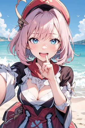 (semi realistic anime:1.1) masterpiece, horny face, excited, happy,  1girl, pink hair, short hair, blue eyes, lue hair, (instagram pose:1.1) (Selfie:1.1), medium_breasts, close-up,  cosplay  klee custon style, , genshin_impact pattern, medium shot, on japanese beach, anime style 4 k,  anime, best quality, ,riamu,ph_Mar,torino aqua,