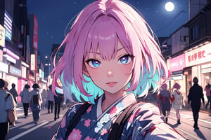 (semi realistic anime:1.1),riamu,ph_Mar,AGGA_ST004, multicolored_eyes, pink hair, horny face, ((masterpiece)), absurdres,  (Selfie:1.1)
 extremely detailed hair, extremely detailed eyes, iris detailed eyes, blue eyes,
1girl,  protruding breasts, dress with strap, hair in the wind, seductive look, japanese traditional custon, kimono, 

(masterpiece, best quality, highres, portrait, 1girl, solo, short hair, looking at viewer, multicolored hair,) at night, moon,

Tokyo city: city, japan, street, shibuya, Japanese inner city, Japanese houses, sign, sidewalk, tall building, bright marketing signs, neon, perspective, people walking, corner, showcase,
