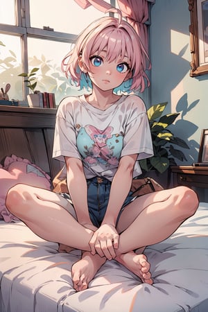 (realistic:1.4), riamuyumemi, ,riamu yumemi, ahoge, blue hair, hair intakes, multicolored hair, (multicolored eyes, blue eyes:1.1), pink hair, short hair, two-tone hair,BREAK,  barefoot,   shirt, short sleeves, t-shirt,BREAK looking at viewer, full body,BREAK indoors,BREAK , (masterpiece:1.2), best quality, high resolution, unity 8k wallpaper, (illustration:0.8), (beautiful detailed eyes:1.6), extremely detailed face, perfect lighting, extremely detailed CG, (perfect hands, perfect anatomy),Realism,riamu,ph_Mar,perfect,photorealistic, 

A young woman with wild, disheveled hair, synthwave, lost in her own world, listening to music through her headphones, reclining on her bed, wearing a cargo pants and jacket, surrounded by a chaotic bedroom background, drawn in the classic 90s anime art style of Naoko Takeuchi with a VHS effect