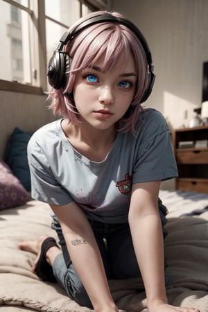 (realistic:1.4), riamuyumemi, ,riamu yumemi, ahoge, blue hair, hair intakes, multicolored hair, multicolored eyes, blue eyes, hot pink hair, short hair, two-tone hair,BREAK,  barefoot,   shirt, short sleeves, t-shirt,BREAK looking at viewer, full body,BREAK indoors,BREAK , (masterpiece:1.2), best quality, high resolution, unity 8k wallpaper, (illustration:0.8), (beautiful detailed eyes:1.6), extremely detailed face, perfect lighting, extremely detailed CG, (perfect hands, perfect anatomy),Realism,riamu,ph_Mar,perfect,photorealistic, 

A young woman with wild, disheveled hair, synthwave, lost in her own world, listening to music through her headphones, reclining on her bed, wearing a cargo pants and jacket, surrounded by a chaotic bedroom background, drawn in the classic 90s anime art style of Naoko Takeuchi with a VHS effect