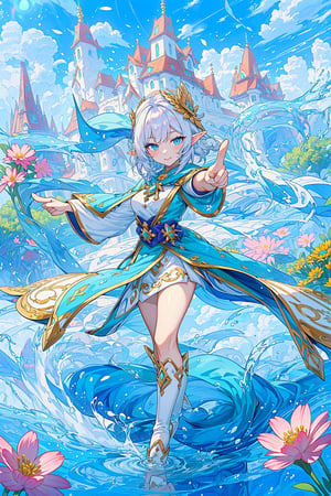 (Pointing at the observer, looking straight ahead,:1.4), {{{{{{{{ masterpiece }}}}}}}},a elf cosplay of adventure girl costume, white hair, long hair, :), blue eyes, kawaii face, ;), portrait, , BREAK, flower sandals, elven dress, leaf-patterned cloak, leather boots, a young female anime character, white and azure, traditional techniques reimagined, subtle shades, light white and orange, style genshin impact, by genshin impact, a landscape of genshin impact mondstadt with planice and clouds, mountains blue, by mihoyo ,AGGA_ST004,
{{{{{{{floating water}}}}}}
,  dynamic pose, water magic, spiral floating water, enchanting magic, , raised skirt,realhands