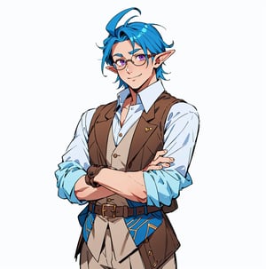 , (elf: 1.4), smile, ;), crossed arms, (33 years old, man:1.4), (blue hair:1.4) ,An elf 33 years with lilac eyes, short hair, wearing reading glasses, charming look, social white shirt, elongated face, handsome, charming man, (eyes detailed, iris detailed:1.4), he wears a light cotton blouse medieval style, a long blouse with rolled up sleeves, slightly exposed chest, warm body, brown belt with metal buckle, tight dark brown pants, (white dress shirt, elegant brown vest, elegant clothes, elegant look,:1.4)
(white background:1.4),Asian man,porco_galliard,itadori yuuji,FlynnRider,loose trousers