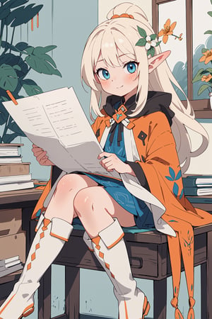 absurdres, highres, ultra detailed, (1girl:1.3), kawaii face, ;), portrait, , BREAK,  flower sandals, elven dress, leaf-patterned cloak, leather boots, a young female anime character who is sitting  in front of a desk writing paper ,white and azure, traditional techniques reimagined, subtle shades, light white and orange, , (full-body_portrait:0.7)