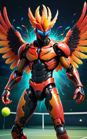 (Fullbody) of Phoenix man tennis player in tennis court, (masterpiece:1.1), (robotic feather arms), (highest quality:1.1), (HDR:1.0), extreme quality, cg, (negative space), detailed face+eyes, 1man, phoenix ears, (plants:1.18), (wings:1.18), (bright colors), splashes of color background, colors mashing, paint splatter, complimentary colors, neon, compassionate, electric, limited palette, synthwave, fine art, tan skin, full body, (red and black:1.2), time stop, sy3, SMM,photo r3al,detailmaster2, (t-shiert of armor), ((less muscle))