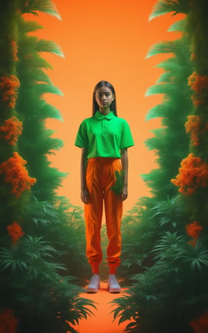 Fullbody shot of girl looking of camera, (masterpiece:1.1), (highest quality:1.1), (HDR:1.0), extreme quality, cg, (negative space), detailed face+eyes, 1girl, (plants:1.18), (fractal art), (bright colors), beautifull background, complimentary colors, neon, limited palette, synthwave, tan skin, full body, (green and orange:1.2), time stop, sy3, SMM,detailmaster2,photo r3al,make_3d
