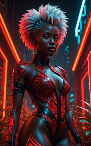 (dinamic pose), (masterpiece:1.1), ultra details on face, ((cyberpunk)) The camera is shooting of a full body afro woman with short white hair in a relaxed posture, face seriously. (Street on the city), (She's outside:1.2), (pore skin:0.5). She wears a black leather jumpsuit with glowing cybernetic implants, latex, (red suit:1.6), (dramatic lighting:1.2), (perfect fingers:1.4), (8k), (masterpiece), (best quality),(extremely intricate), (realistic), (sharp focus), (award winning), (cinematic lighting), (extremely detailed), (HD), (face detail), (good anatomy),EpicArt, epic sky,neon, (dark skin:1), (black skin:1),EpicArt, (epic sky:1.1) ,neon,perfect fingers,Movie Still,F41Arm0rXL,(highest quality:1.1), (HDR:1.0), extreme quality, cg, (negative space), detailed face+eyes, 1girl, (plants:1.18), (fractal art), (bright colors), beautifull background, complimentary colors, neon, limited palette, synthwave, afro, dark skin, tan skin, full body, (black and red:1.2), time stop, sy3, SMM,detailmaster2, ultra details on face, 