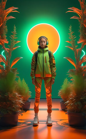 Fullbody shot of girl looking of camera, (masterpiece:1.1), (highest quality:1.1), (HDR:1.0), extreme quality, cg, (negative space), detailed face+eyes, 1girl, (plants:1.18), (fractal art), (bright colors), beautifull background, complimentary colors, neon, limited palette, synthwave, tan skin, full body, (green and orange:1.2), time stop, sy3, SMM,detailmaster2,photo r3al,make_3d,DonMCyb3rN3cr0XL 