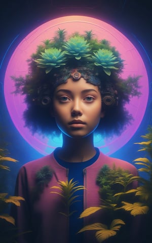 Fullbody shot of Misty girl looking of camera, (masterpiece:1.1), (highest quality:1.1), (HDR:1.0), extreme quality, cg, (negative space), detailed face+eyes, 1girl, (plants:1), (fractal art), (bright colors), beautifull background, complimentary colors, neon, limited palette, synthwave, tan skin, full body, (black and dark blue:1.2), time stop, sy3, SMM,detailmaster2,photo r3al