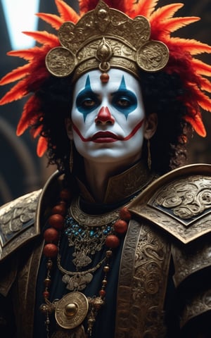 Jerjes of the 300 Film, King of Kings, uhd photorealisitc authentic psychotic angry madman wearing ornate clown costume and intricate voodoo makeup, shoulders, intricate details, vivid colors, frightening surroundings, correct details, in the style of amano, karol bak, akira toriyama, and greg rutkowski, perfect composition, beautiful detailed intricate insanely detailed octane render trending on artstation, 8 k artistic photography, photorealistic concept art, soft natural volumetric cinematic perfect light, chiaroscuro, award - winning photograph, masterpiece, oil on canvas, raphael, caravaggio, greg rutkowski, beeple, beksinski, giger, perfect composition, beautiful detailed intricate insanely detailed octane render trending on artstation, 8 k artistic photography, photorealistic concept art, soft natural volumetric cinematic perfect light, chiaroscuro, award - winning photograph, masterpiece, oil on canvas, raphael, caravaggio, greg rutkowski, beeple, beksinski, giger