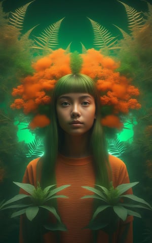Fullbody shot of girl looking of camera, (masterpiece:1.1), (highest quality:1.1), (HDR:1.0), extreme quality, cg, (negative space), detailed face+eyes, 1girl, (plants:1.18), (fractal art), (bright colors), beautifull background, complimentary colors, neon, limited palette, synthwave, tan skin, full body, (green and orange:1.2), time stop, sy3, SMM,detailmaster2,photo r3al