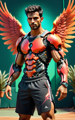 (Fullbody) of latin man tennis player in tennis court holding a racket, tan skin, very short black hair with small curls, brown eyes,(masterpiece:1.1), (robotic feather arms), (highest quality:1.1), (HDR:1.0), extreme quality, cg, (negative space), detailed face+eyes, 1man, phoenix ears, (plants:1.18), (wings:1.18), (fractal art), (bright colors), splashes of color background, colors mashing, paint splatter, neon, compassionate, electric, limited palette, synthwave, fine art, tan skin, full body, (red and black:1.2), time stop, sy3, SMM,photo r3al,detailmaster2,mecha, (perfect face), (pore skin), (perfect skin), (ultra details), (phoenix style art:1), (black sports short), (t-shiert of armor), ((less muscle))