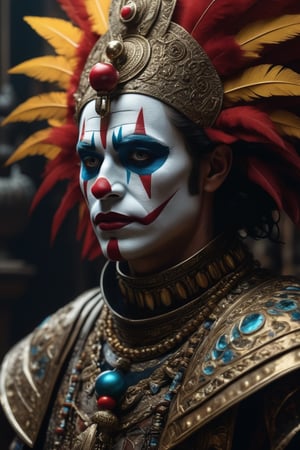 Jerjes of the 300 Film, King of Kings, uhd photorealisitc authentic psychotic angry madman wearing ornate clown costume and intricate voodoo makeup, shoulders, intricate details, vivid colors, frightening surroundings, correct details, in the style of amano, karol bak, akira toriyama, and greg rutkowski, perfect composition, beautiful detailed intricate insanely detailed octane render trending on artstation, 8 k artistic photography, photorealistic concept art, soft natural volumetric cinematic perfect light, chiaroscuro, award - winning photograph, masterpiece, oil on canvas, raphael, caravaggio, greg rutkowski, beeple, beksinski, giger, perfect composition, beautiful detailed intricate insanely detailed octane render trending on artstation, 8 k artistic photography, photorealistic concept art, soft natural volumetric cinematic perfect light, chiaroscuro, award - winning photograph, masterpiece, oil on canvas, raphael, caravaggio, greg rutkowski, beeple, beksinski, giger