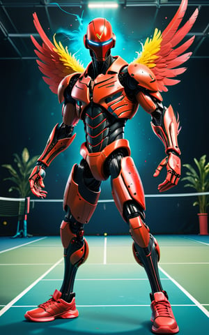 (Fullbody) of Poenix man tennis player in tennis court, (masterpiece:1.1), (robotic feather arms), (highest quality:1.1), (HDR:1.0), extreme quality, cg, (negative space), detailed face+eyes, 1man, poenix ears, (plants:1.18), (wings:1.18), (bright colors), splashes of color background, colors mashing, paint splatter, complimentary colors, neon, compassionate, electric, limited palette, synthwave, fine art, tan skin, full body, (red and black:1.2), time stop, sy3, SMM,photo r3al,detailmaster2, (t-shiert of armor), ((less muscle))