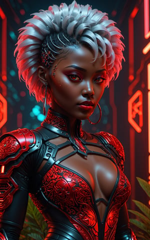 (dinamic pose), (masterpiece:1.1), ultra details on face, ((cyberpunk)) The camera is shooting of a woman afro with short white hair in a relaxed posture, face seriously. (She's outside:1.2). She wears a black leather jumpsuit with glowing cybernetic implants, latex, (red suit:1.6), (dramatic lighting:1.2), (perfect fingers:1.4), (8k), (masterpiece), (best quality),(extremely intricate), (realistic), (sharp focus), (award winning), (cinematic lighting), (extremely detailed), (pore skin), (HD), (face detail), (good anatomy),mecha musume,car,EpicArt, epic sky,neon, (dark skin:1), (black skin:1),EpicArt, epic sky,neon,perfect fingers,Movie Still,F41Arm0rXL,(highest quality:1.1), (HDR:1.0), extreme quality, cg, (negative space), detailed face+eyes, 1girl, (plants:1.18), (fractal art), (bright colors), beautifull background, complimentary colors, neon, limited palette, synthwave, afro, dark skin, tan skin, full body, (black and red:1.2), time stop, sy3, SMM,detailmaster2, peultra details on face, 