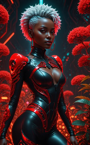 (dinamic pose), (masterpiece:1.1), ultra details on face, ((cyberpunk)) The camera is shooting of a woman afro with short white hair in a relaxed posture, face seriously. (She's outside:1.2), (pore skin). She wears a black leather jumpsuit with glowing cybernetic implants, latex, (red suit:1.6), (dramatic lighting:1.2), (perfect fingers:1.4), (8k), (masterpiece), (best quality),(extremely intricate), (realistic), (sharp focus), (award winning), (cinematic lighting), (extremely detailed), (HD), (face detail), (good anatomy),mecha musume,car,EpicArt, epic sky,neon, (dark skin:1), (black skin:1),EpicArt, epic sky,neon,perfect fingers,Movie Still,F41Arm0rXL,(highest quality:1.1), (HDR:1.0), extreme quality, cg, (negative space), detailed face+eyes, 1girl, (plants:1.18), (fractal art), (bright colors), beautifull background, complimentary colors, neon, limited palette, synthwave, afro, dark skin, tan skin, full body, (black and red:1.2), time stop, sy3, SMM,detailmaster2, peultra details on face, 