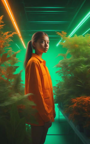 Fullbody shot of girl looking of camera, (masterpiece:1.1), (highest quality:1.1), (HDR:1.0), extreme quality, cg, (negative space), detailed face+eyes, 1girl, (plants:1.18), (fractal art), (bright colors), beautifull background, complimentary colors, neon, limited palette, synthwave, tan skin, full body, (green and orange:1.2), time stop, sy3, SMM,detailmaster2,photo r3al