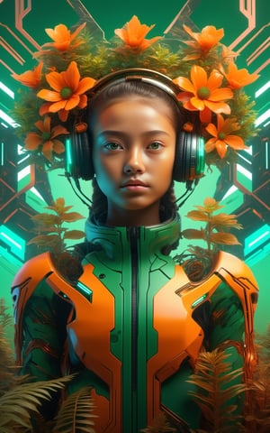 Fullbody shot of girl looking of camera, (masterpiece:1.1), (highest quality:1.1), (HDR:1.0), extreme quality, cg, (negative space), detailed face+eyes, 1girl, (plants:1.18), (fractal art), (bright colors), beautifull background, complimentary colors, neon, limited palette, synthwave, tan skin, full body, (green and orange:1.2), time stop, sy3, SMM,detailmaster2,photo r3al,make_3d,DonMCyb3rN3cr0XL 