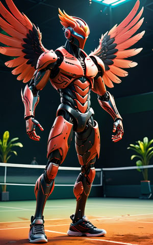 (Fullbody) of Poenix man tennis player in tennis court, (masterpiece:1.1), (robotic feather arms), (highest quality:1.1), (HDR:1.0), extreme quality, cg, (negative space), detailed face+eyes, 1man, poenix ears, (plants:1.18), (wings:1.18), (bright colors), splashes of color background, colors mashing, paint splatter, complimentary colors, neon, compassionate, electric, limited palette, synthwave, fine art, tan skin, full body, (red and black:1.2), time stop, sy3, SMM,photo r3al,detailmaster2, (t-shiert of armor), ((less muscle))