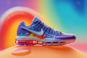 A closeup of one Nike shoe of gummies in the paradise of colored gummies, (perfect candies ovals:1.6), high detailed, a product photography light, full color, subsurface scattering, slim shape, magic background, colors, volumetric light, 3d, good style, 90's, 8k, HD, product photography, good focus, booth, food focus, no humans, (gummiesland:1.8), EpicSky, one shoe, 1shoe, (small gummies:1.1)