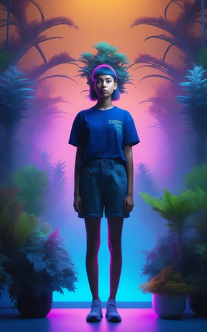 Fullbody shot of Misty girl looking of camera, (masterpiece:1.1), (highest quality:1.1), (HDR:1.0), extreme quality, cg, (negative space), detailed face+eyes, 1girl, (plants:1), (fractal art), (bright colors), beautifull background, complimentary colors, neon, limited palette, synthwave, tan skin, full body, (black and dark blue:1.2), time stop, sy3, SMM,detailmaster2,photo r3al
