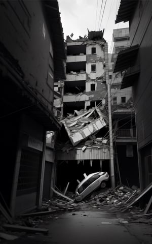 Wide angle of a building collapsed on one of its sides. a man watching from afar. The street is full of debris.. monochrome,ink,asian man, amputated arm, shodanSS_soul3142,getou,EpicLogo