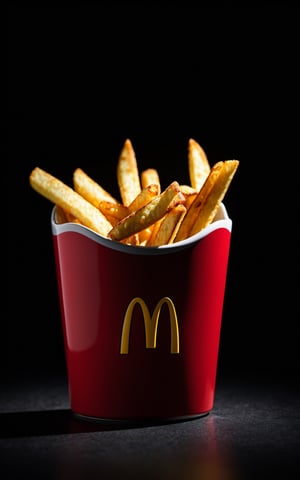 (mcdonalds fries Ceramic on the place:1.3), red, ultra realistic, 8k, HD, Photography, Shadow lighting, (black background:1),(cinematic dark lighting:1.4), (small sculpture:1.5), (kintsugi style), (Beautifull colours), (broken:1.3), sharp focus, 
