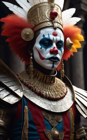 Jerjes of the 300 Film, King of Kings, dark skin, uhd photorealisitc authentic psychotic angry madman wearing ornate clown costume and intricate voodoo makeup, shoulders, intricate details, vivid colors, frightening surroundings, correct details, in the style of amano, karol bak, akira toriyama, and greg rutkowski, perfect composition, beautiful detailed intricate insanely detailed octane render trending on artstation, 8 k artistic photography, photorealistic concept art, soft natural volumetric cinematic perfect light, chiaroscuro, award - winning photograph, masterpiece, oil on canvas, raphael, caravaggio, greg rutkowski, beeple, beksinski, giger, perfect composition, beautiful detailed intricate insanely detailed octane render trending on artstation, 8 k artistic photography, photorealistic concept art, soft natural volumetric cinematic perfect light, chiaroscuro, award - winning photograph, masterpiece, oil on canvas, raphael, caravaggio, greg rutkowski, beeple, beksinski, giger