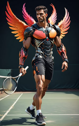 (Fullbody:1) of latin man tennis player in tennis court holding a racket, tan skin, very short black hair with small curls, brown eyes, (playing the best tennis match with passion and concentration), (masterpiece:1.1), (robotic feather arms), (highest quality:1.1), (HDR:1.0), extreme quality, cg, (negative space), detailed face+eyes, 1man, falcon nose, (wings:1.18), (fractal art), (bright colors), splashes of color background, colors mashing, paint splatter, full body, (red and black:1.2), time stop, sy3,photo r3al,detailmaster2,mecha, (perfect face), (pore skin), (perfect skin), (ultra details), (phoenix style art:1), (black sports short), (t-shiert of armor), neon, compassionate, electric, limited palette, synthwave, fine art,cyborg style