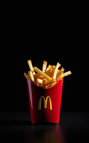 (mcdonalds fries Ceramic on the place:1.3), red, ultra realistic, 8k, HD, Photography, Shadow lighting, (black background:1),(cinematic dark lighting:1.4), (small sculpture:1.5), (kintsugi style), (Beautifull colours), (broken:1.3), sharp focus, 
