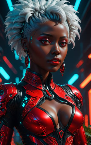(dinamic pose), (masterpiece:1.1), ultra details on face, ((cyberpunk)) The camera is shooting of a woman afro with short white hair in a relaxed posture, face seriously. (She's outside). She wears a black leather jumpsuit with glowing cybernetic implants, latex, (red suit:1.6), (dramatic lighting:1.2), (perfect fingers:1.4), (8k), (masterpiece), (best quality),(extremely intricate), (realistic), (sharp focus), (award winning), (cinematic lighting), (extremely detailed), (pore skin), (HD), (face detail), (good anatomy),mecha musume,car,EpicArt, epic sky,neon, (dark skin:1), (black skin:1),EpicArt, epic sky,neon,perfect fingers,Movie Still,F41Arm0rXL,(highest quality:1.1), (HDR:1.0), extreme quality, cg, (negative space), detailed face+eyes, 1girl, (plants:1.18), (fractal art), (bright colors), beautifull background, complimentary colors, neon, limited palette, synthwave, afro, dark skin, tan skin, full body, (black and red:1.2), time stop, sy3, SMM,detailmaster2, peultra details on face, 