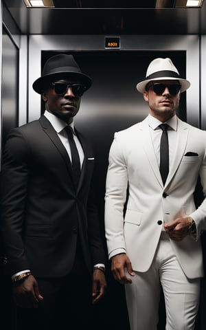 (dinamic pose), (masterpiece:1.1), ultra details on face, a full length image of two agents, a African and a Caucasian man´s, standing in a ascensor. ((black suit:1.2)). The agents wear the classic black and white suit and tie, with a black fedora hat and sunglasses, viewer with a serious expression. (The elevator is brightly lit:1.2), (white ascensor:1.3), (pore skin:0.5), (extreme cinematics illumination:1.5), (perfect fingers:1.4), (8k), (best quality),(extremely intricate), (realistic), (sharp focus:1), (award winning), (extremely detailed), (HD), (face detail), (good anatomy),(epic style),perfect fingers,Movie Still,(highest quality:1.1), (HDR:1.0), extreme quality, cg, (negative space), detailed face+eyes, limited palette, synthwave, full body, time stop,detailmaster2, ((dark tones background))
