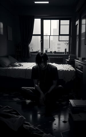 A sick man sitting on the edge of his bed. His gaze is lost, his hair is messy and the room is dark and desolate. monochrome,ink,asian man, amputated arm, shodanSS_soul3142,getou,EpicLogo