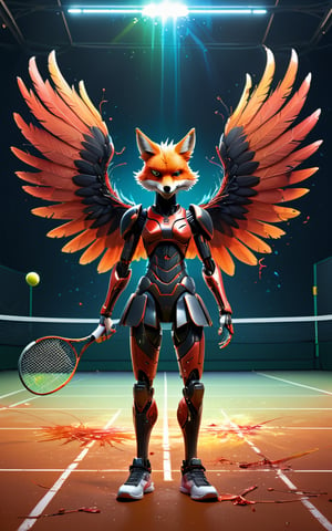 (Fullbody) of Poenix man tennis player in tennis court, (masterpiece:1.1), (robotic feather arms), (highest quality:1.1), (HDR:1.0), extreme quality, cg, (negative space), detailed face+eyes, 1girl, fox ears, (plants:1.18), (wings:1.18), (bright colors), splashes of color background, colors mashing, paint splatter, complimentary colors, neon, compassionate, electric, limited palette, synthwave, fine art, tan skin, full body, (red and black:1.2), time stop, sy3, SMM,photo r3al,detailmaster2, (t-shiert of armor), ((less muscle))