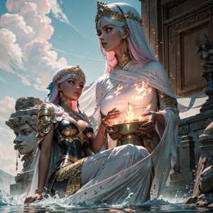 (masterpiece, best quality, ultra-detailed, 8K),high detail,colorfull,temple of athena,pink,disney,epic architecure,pink pillars,ornate,decorate,balast,composite,burning brazier,statue of godess,water reflection,olive garden,volcano,epic,sense of awe,dark_skin_female