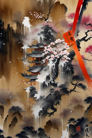 Masterpiece, 8k, dripping paint, chinese ink drawing, chinese ancient engine, mechanical environment, complex_background, sakura_blossoms, 1080P, under moon