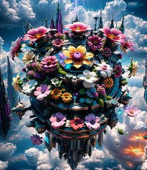 ((best quality)), ((masterpiece)), ((realistic,digital art)), (hyper detailed),DonMM4ch1n3W0rld Gearbox architecture Futuristic flower Cities floating in the sky, around by overwhelming cloud, octane rendering, raytracing, volumetric lighting, Backlit,Rim Lighting, 8K, HDR, Sci-fi 