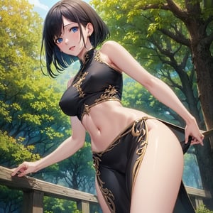 nsfw, looking at viewer, looking back, (from below:1.2), (Masterpiece, highest quality:1.3), High resolution, (game cg: 1.3), 35 years old, milf, (cute:1.3), medium breasts, (black bob cut;1.1), crop top navel china dress, sumptuous pattern, Forest Sunset,