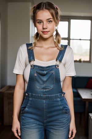 Photo of a young girl looking at camera, full body, wide shot, detailed skin, film photography, vintage, perfect body, cinematic lighting, realistic, sharp focus, very detailed, 4K HQ, depth of field, f/1.2, Leica, 8K HDR, High contrast, shadows, bokeh, (ultra-detailed), 1girl, shiny skin, sharp, Perfect Body Beauty, realistic shaded perfect body, dynamic pose, brush , full body shot, blonde hair pony tails, perfect lighting, 16yo. young naked top model girl, Swooping big breasts, Massive Boobs, pink erected nipples, Skinny body, plump pussy, Thigh Gap, perfect detailed cameltoe, (overalls:1.5).