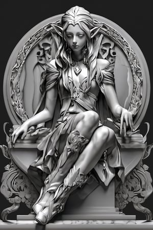 marble sculpture,(masterpiece:1.5), (best quality:1.5), highres, highly detailed,Gray clay style,1girl, solo, pointy ears, breasts, monochrome, sitting, navel, navel cutout, long hair, braid, thighhighs, parted lips, jewelry, elf, earrings, greyscale, clothing cutout 