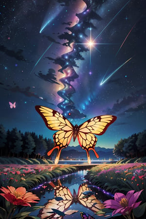 masterpiece, high_resolution, high quality, high detailed, 1 girl, standing, colorful transparent and luminous butterflies, flower field, starry_sky, comet, night, river, intricate detail, sharp focus, vibrant color, ,More Detail