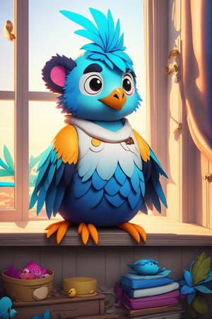 (best quality, hyper-realistic, 8K, ultra HD), (Pixar style, Disney style, Cinema 4D), Create a Bear 8K ultra HD illustration that brings Benny, a small bird with bright blue feathers and a melodious voice, to life. Render Benny in a hyper-realistic style, paying homage to both Pixar and Disney's iconic animation styles, using the power of Cinema 4D to capture every intricate detail of this charming character perched gracefully on a windowsill.