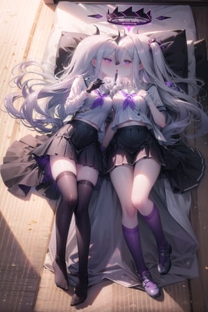 2 girls, Hina blue archiv, halo, 16 years old, (((flat breasts))), (((purple eyes))), (((pale lavender hair))),hair ornaments, long wavy hair, tied with a black red ribbon, with dark black extended horns adorned with purple cracks bright
\(blue archive\), 1girl, long hair, ahoge, sidelocks, halo, demon wings, forehead, knee boots, black thighhighs, black gloves, hairclip, halo, full Body

Nipples ,((( kiss breast))),

{{{2girls}}},  
SCORE_9, SCORE_8_UP, SCORE_7_UP, SCORE_6_UP, MASTERPIECE, BEST QUALITY, HIGH QUALITY, HIGHRES, ABSURDRES, PERFECT COMPOSITION, INTRICATE DETAILS, ULTRA-DETAILED, PERFECT FACE, PERFECT EYES, NEWEST, AESTHETIC, , looking at viewer, short hair, skirt, brown hair, school uniform, full body, pleated skirt, lying, serafuku, socks, indoors, on back, sailor collar, blue skirt, kneehighs, tatami, white neckerchief, photo inset