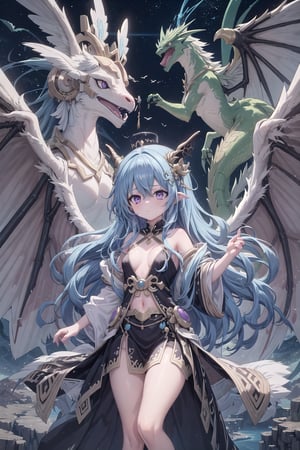 1 girls,  Hina blue file, halo, 
16 years old, (((flat breasts))), purple eyes, pale lavender hair, hair ornaments, long wavy hair, tied with a black red ribbon, with dark black extended horns adorned with purple cracks bright.
Pose random ,
(((random expression))),((shy)),


The Queen of the Sky Riders is a figure of great reverence and power among an ancient people who possess a unique bond with the extraordinary Druid Dragons. These dragons, rare and majestic creatures, embody a fusion of avian and draconic heritage, resulting in a breathtaking and awe-inspiring species. The Queen, a regal and formidable leader, commands the respect and loyalty of her people as she soars through the skies atop her noble Druid Dragon. With grace and authority, she guides her winged companion, forming an unbreakable union between rider and mount. The Queen's presence is marked by her striking attire, adorned with symbols of her lineage and the ancient traditions of the Sky Riders. Her garments reflect the magnificence of the dragons she commands, incorporating vivid colors and intricate designs that pay homage to the union of bird and dragon. The Druid Dragons, with their ethereal beauty and powerful wings, epitomize the harmony between the elements of air and earth. Their bodies are adorned with vibrant plumage, reminiscent of avian feathers, while their scales shimmer with the iridescence of dragonkin. As the Queen and her fellow Sky Riders traverse the heavens, the bond between rider and dragon becomes palpable. The Dragons' wings unfurl, casting magnificent shadows upon the land below as they soar through the clouds with a grace that belies their immense power. The ancient tradition of the Sky Riders is steeped in reverence for nature and a deep spiritual connection with their winged companions. The Queen embodies these values, serving as a protector and advocate for the delicate balance between the human realm and the natural world. The Queen of the Sky Riders and her Druid Dragons symbolize the embodiment of freedom, strength, and the harmonious coexistence between humanity and the natural realm. Through their mystical bond and majestic presence, they inspire awe and reverence, reminding all who behold them of the extraordinary wonders that can be achieved when humanity and nature unite as one.