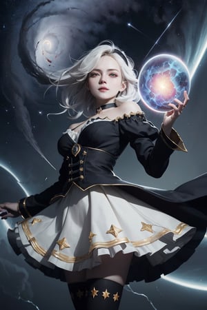 ((masterpiece)), (((best quality))), ((ultra-detailed)), ((illustration)), ((disheveled hair)), beautiful detailed eyes, (1girl:1.2),(solo), dynamic angle, dark magician girl,(black kneehighs:1.1),choker, headband,
(starry tornado:1.4), starry Nebula, ((frills)), beautiful detailed sky, beautiful detailed eyes,evil smile, expressionless,hairs between eyes,  white  hair,pleated skirt,((disreveled hair)),
power pose, energy orb in hand