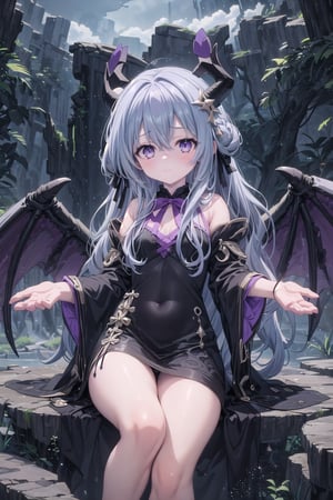 In a whimsical scene, a 16-year-old girl with Hina blue file halo, purple eyes, pale lavender hair tied with a black red ribbon, and dark black extended horns adorned with bright purple cracks sits in a random pose ((shy)) expression. She wears no visible garments, allowing her natural beauty to shine. The surrounding environment is mystical, with swirling clouds and wispy mist creating an otherworldly atmosphere. A Druid Dragon's wings unfurl in the background, casting a majestic shadow on the land below.