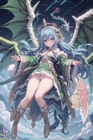 Yoshino has the appearance of a girl around 13 to 14 years old. She has wavy blue hair, long eyelashes and her eyes are the same color as her hair. Her astral dress is a green raincoat with rabbit ears and boots of the same color.
(((showing panties))),

The Queen of the Sky Riders is a figure of great reverence and power among an ancient people who possess a unique bond with the extraordinary Druid Dragons. These dragons, rare and majestic creatures, embody a fusion of avian and draconic heritage, resulting in a breathtaking and awe-inspiring species. The Queen, a regal and formidable leader, commands the respect and loyalty of her people as she soars through the skies atop her noble Druid Dragon. With grace and authority, she guides her winged companion, forming an unbreakable union between rider and mount. The Queen's presence is marked by her striking attire, adorned with symbols of her lineage and the ancient traditions of the Sky Riders. Her garments reflect the magnificence of the dragons she commands, incorporating vivid colors and intricate designs that pay homage to the union of bird and dragon. The Druid Dragons, with their ethereal beauty and powerful wings, epitomize the harmony between the elements of air and earth. Their bodies are adorned with vibrant plumage, reminiscent of avian feathers, while their scales shimmer with the iridescence of dragonkin. As the Queen and her fellow Sky Riders traverse the heavens, the bond between rider and dragon becomes palpable. The Dragons' wings unfurl, casting magnificent shadows upon the land below as they soar through the clouds with a grace that belies their immense power. The ancient tradition of the Sky Riders is steeped in reverence for nature and a deep spiritual connection with their winged companions. The Queen embodies these values, serving as a protector and advocate for the delicate balance between the human realm and the natural world. The Queen of the Sky Riders and her Druid Dragons symbolize the embodiment of freedom, strength, and the harmonious coexistence between humanity and the natural realm. Through their mystical bond and majestic presence, they inspire awe and reverence, reminding all who behold them of the extraordinary wonders that can be achieved when humanity and nature unite as one.
