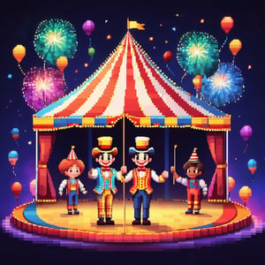 16bit, portrait of a cute beautiful colorful mini circus tent, depth of field, cute fireworks, cute small people, ultra detailed, high quality, highres, vivid background, ,pixel style