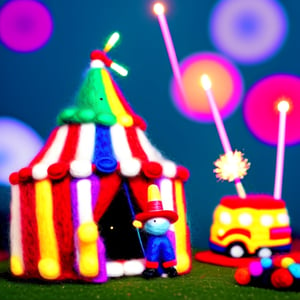 cinestill, miniwool portrait of a cute beautiful colorful circus tent, depth of field, cute fireworks, cute small people, ultra detailed, high quality, highres, vivid background, 